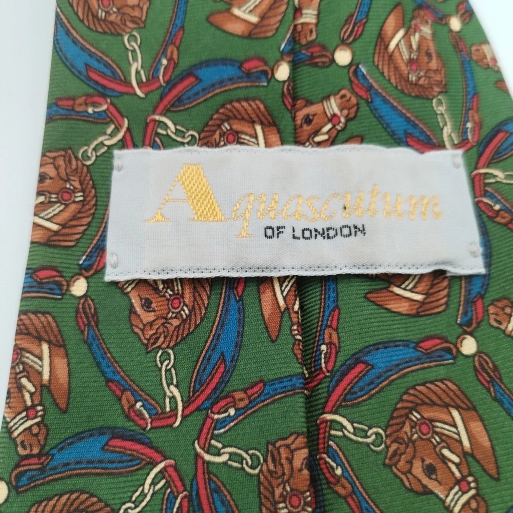 Aquascutum Tie Silk Handmade In England Necktie Horses Equestrian Green‎ Brown